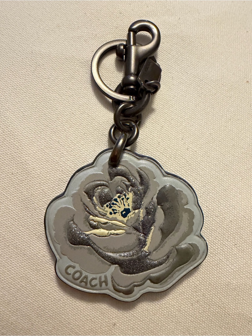 Coach Gray Floral Leather Keychain Charm with Gunmetal Hardware